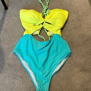 Stylish Yellow and Blue Women's One Piece Swimsuit
